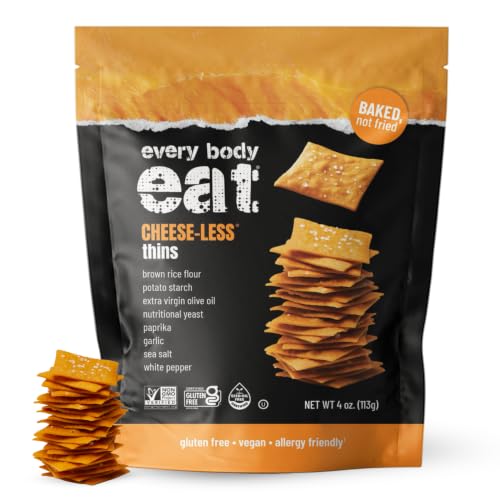 Image of Every Body Eat Gluten Free Crackers, Cheese-Less - Vegan Snacks, Dairy Free Cheddar Style Snack Crackers, Seed Oil Free (Pack of 6), 4 oz Bags
