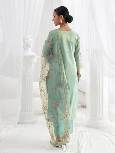 Image of Libas Woven Design Silk Blend Straight Kurta With Trousers and Dupatta | daily wear suit