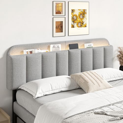 ONBRILL Adjustable Headboard for King/California King Size Bed Frame Linen Fabric Bed Headboard with Storage & RGB LED Light in Modern Vertical Channel Design Light Grey