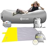 Nevlers Gray/Yellow Waterproof Blanket & Inflatable Chair | Inflatable Couch Outdoor Lounger & 75'x79' Large Beach Blanket Sandproof | Portable Chairs & Large Blanket for Beach Essentials for Vacation