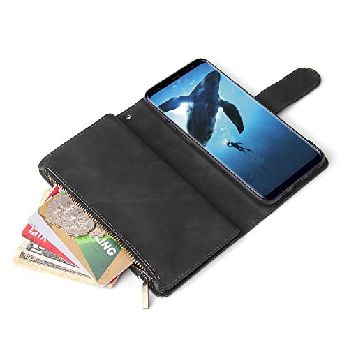 Lbyzcase Galaxy S9 Plus Case,Samsung S9 Plus Wallet Case,Luxury Folio Flip Leather Phone Cover[Zipper Pocket][Wrist Strap][Kickstand][Magnetic Closure] For Samsung Galaxy S9 Plus-Black #TOP3
