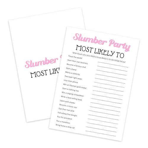 ZEDEV Slumber Party Games - Most Likely to, Sleepover Party Supplies for Girls, Teen, Adult, Pink Pajama Party Games, Set of 20 Games Cards, Birthday Party Activity Decor -A04