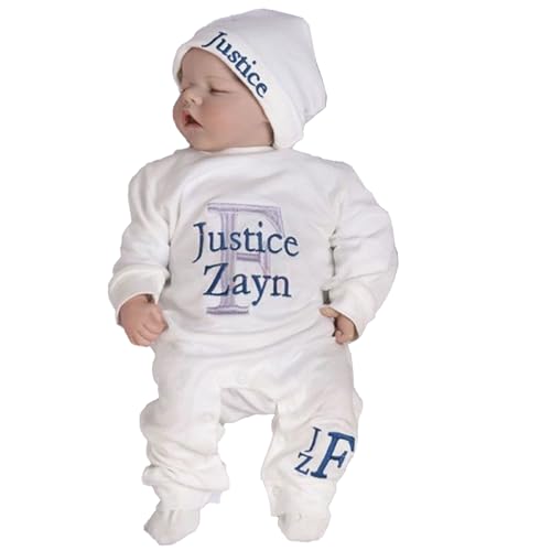 Customizable Newborn Baby Outfit Set Personalized Oatmeal Sleeper with Footies, Matching Hat, Embroidered Romper Ideal for Baby Shower Coming Home Christmas Gifts Unisex Design for Infant Boys (B)
