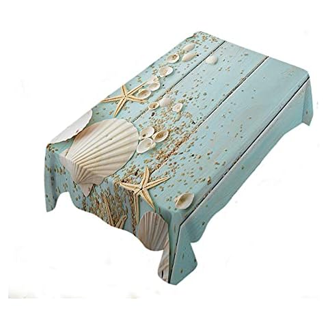 WONDERTIFY Seashells Tablecloth Wooden Background Rectangle Table Cloth Protector Oil Spill Proof Table Cover 60 X 84 Inch Nautical Blue Cover