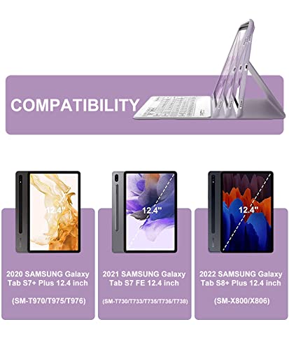 Sengbirch Keyboard Case For Samsung Galaxy Tablet S7 Fe/S8+ Plus/S7+ Plus 5G, 12.4 Inch Case With S Pen Holder, 7 Color Rgb Backlit, Bluetooth Removable, S7 Fe Keyboard, Grey Purple #TOP1