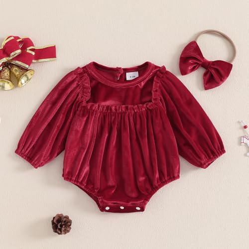 Thorn Tree Newborn Baby Girls Christmas Clothes Long Sleeve Velvet Ruffle Romper& Headband Fall Winter Outfits2