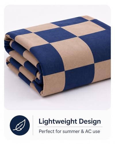 Image of Single Bed Dohar Navy Beige Check | Lightweight Summer Quilt | Soft Microfiber AC Blanket | Breathable All Season Comforter | Skin Friendly Bed Cover