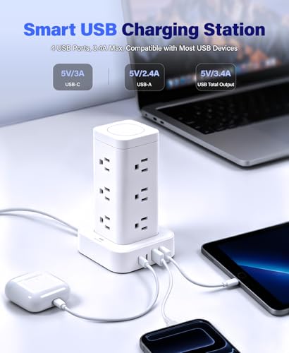 Tagzilo 16-in-1 Power Strip Tower with Surge Protector 1800J, 2USB-C & 2USB-A Ports with 12 AC Outlets, 10ft Extension Cord with Multiple outlets for Home Office Dorm Room, White — view 3
