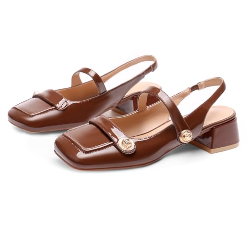 Image of Slingback Mary Jane Heels for Women Low Block Heel Closed Square Toe Pump Shoes Heels Classic Daily Office Dressy Shoes