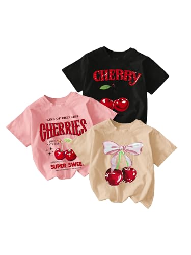 Image of RoseSeek Girl's Shirts 3 Packs Star Butterfly Graphic Tees Crew Neck Short Sleeve T Shirt Casual Tops