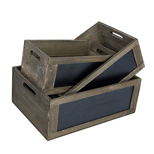 MyGift Rustic Brown Weathered Wood Nesting Storage Bins with Chalkboard Panel and Cutout Handles Decorative Farmhouse Wooden Stackable Open Top Boxes 3 Piece Set