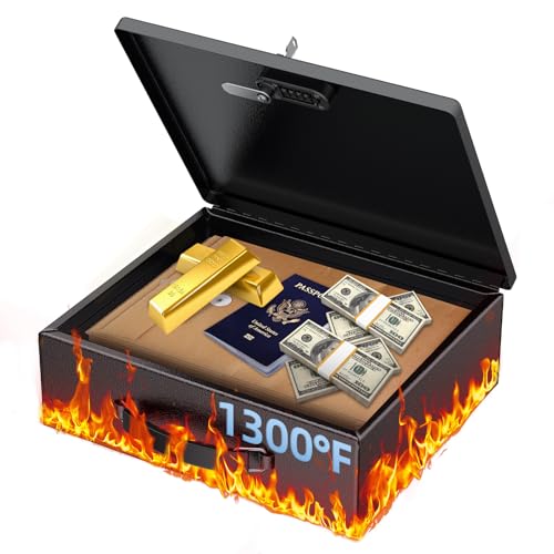 Uniclife Fireproof Document Box with Combination & Key Lock, 32.5 x 27 x 10 cm, Large Metal Lock Box for A4 Paper, Portable Document Safe, Water Resistant Fireproof Safe Box for Valuables Passports