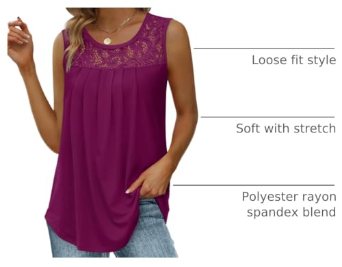 Image of Saloogoe Summer Tank Tops for Women Loose Fit Pleated Tunics Scoop Neck Sleeveless Lace Tops Curved Hem Flowy