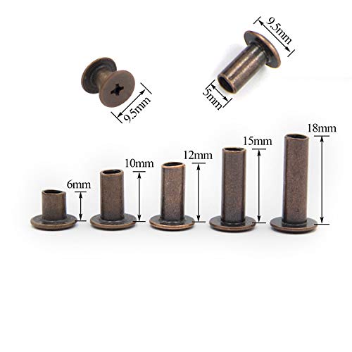 75 Sets Chicago Screws Assorted Kit Red Copper Leather Rivets Screw Rivets Slotted Phillip Head Book Binding Posts Nail Rivet Chicago Bolts for DIY Leather Craft Bookbinding (5x6,10,12,15,18)