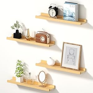 Gloserin 16 Inch Wood Floating Shelves,Floating Shelves for Wall, Bathroom Bedroom Kitchen Book Shelf, Rustic Wooden Home Decor Plant Display,Natural Unfinished-No Stain, Set of 4