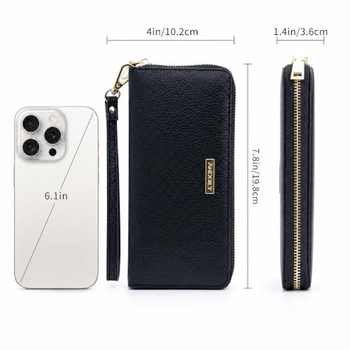 Image of ANDOILT Womens RFID Blocking Genuine Leather Zip Around Wallets Large Cell Phone Holder Clutch Travel Purse Wristlet (Black)