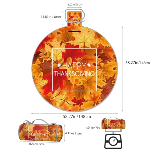 Shimoshe Autumn Maple Leaves Picnic Outdoor Blanket Foldable Waterproof Sandproof Beach Blanket Portable Water-Resistant Round Picnic Mat for Travel Camping Park Lawn