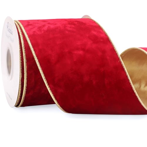 Image of Ribbli Red Velvet Wired Ribbon 4 Inch Metallic Crushed Velvet Christmas Ribbon for Gift Wrapping Christmas Tree Decoration Crafts Wreaths Supplies-Continuous 10 Yards