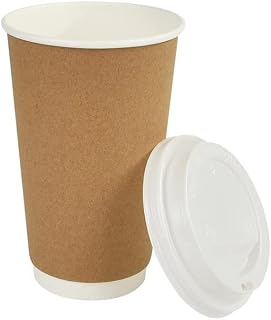 HOT BARGAINS, 100 Pack of 16oz Brown Insulated Takeaway Disposable Double Wall Paper Coffee and Cold Drinks Cups to Go with White / Black Lids [ 16 oz 100 Brown Cups + Free Lids ]