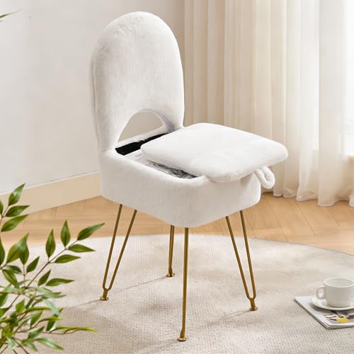 Gitrah White Vanity Chair with Storage, Folding Back Faux Fur Vanity Stool, Makeup Ottoman with Gold Legs for Bedroom/Bathroom