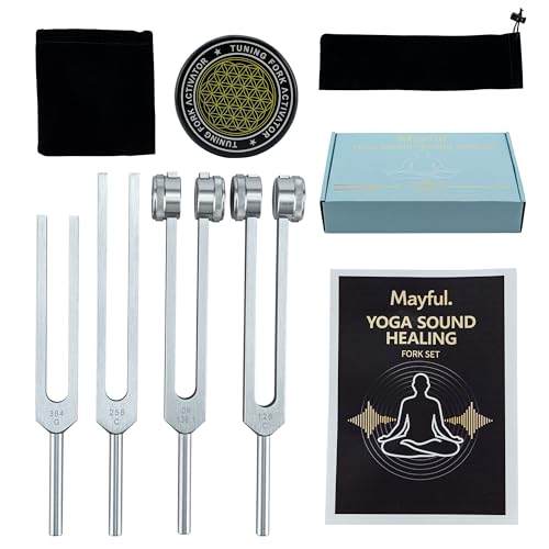 Tuning Forks for Healing Set – 128Hz, 136Hz, 256Hz, 384Hz with Activator – Weighted & Unweighted Sound Therapy Tools for Chakra Balance, Yoga, Meditation & Relaxation in Velvet Pouch