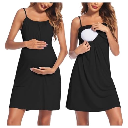 Ekouaer Women Maternity Dress Cami Nursing Gown Soft Comfy Breastfeeding Pregnant Sleep Shirts Black XL