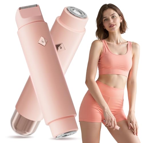 2 in1 Bikini Trimmer for Women, Dual-Head Electric Razor & Painless Hair Removal - Waterproof Cordless Lady Shaver for Body, Face Underarm, Intimate Areas, Facial Bikini Shaver (Pink)