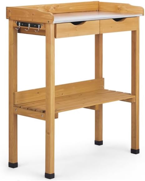 Outdoor Wooden Potting Bench Table for Garden, Metal Worktop Gardening Station with Storage Shelf, Drawers, Hooks, Natural Fir Planting Workbench