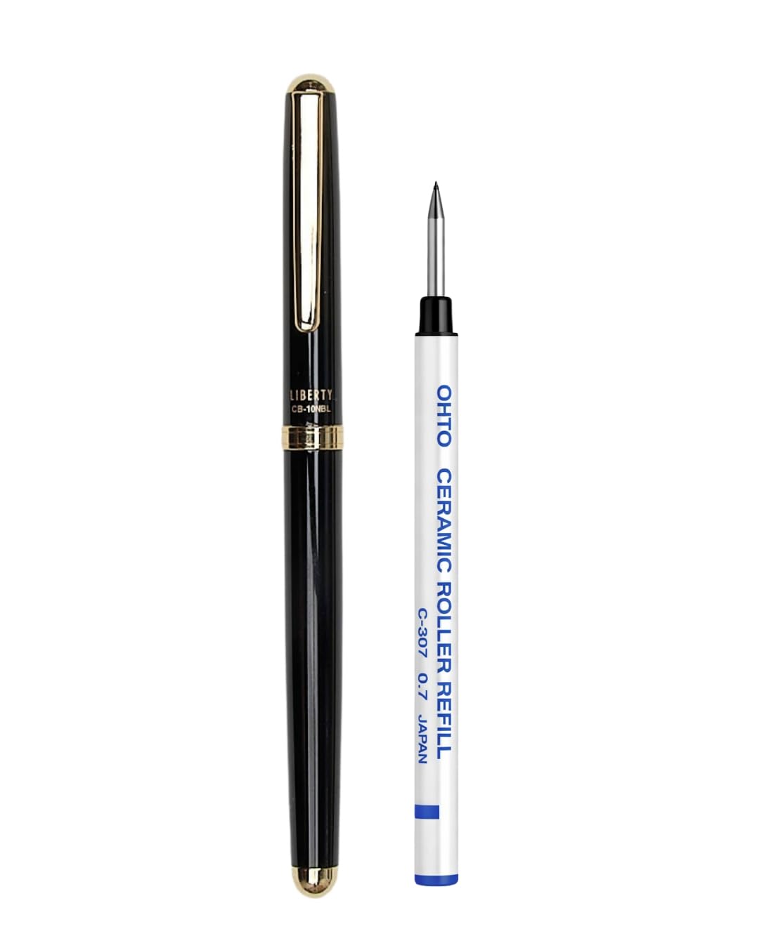 Liberty Ceramic Rollerball Pen - Black Body with 0.7mm Blue Ink | Refillable Metal Writing Pen with Ergonomic Grip and One Extra Blue Refill - Ideal for Professionals & Students | Made in Japan