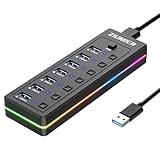 USB Hub 7 Port, USB 3.0 Hub with RGB LED Strip -USB 3.0 Data Transfer Ports,Individual LED On/Off Switches for Laptop, PC, Mouse, Keyboard, Hard Drive or More USB Devices.