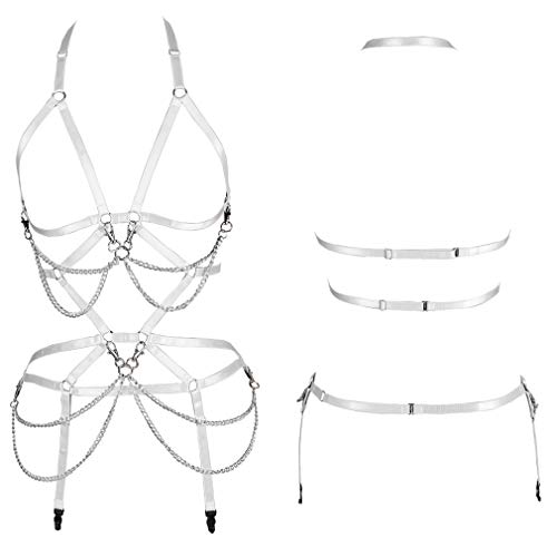Women Body Harness Set Carnival Garter Belt Set Elastic Hollow Top Bra Punk Gothic Dance Costume (White) #TOP1