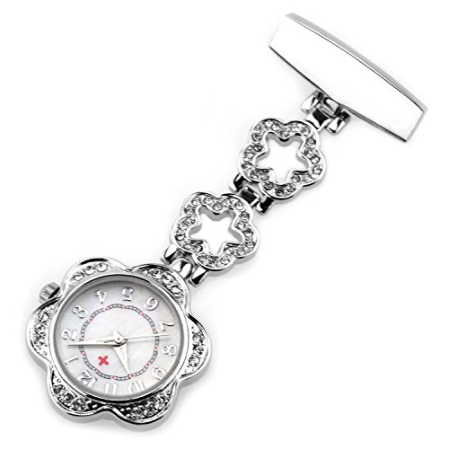 Luococo Reloj de bolsillo para enfermera, diseño de flores con diamantes de imitación, color plateado Cover