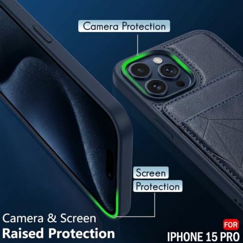 Image of amazon basics Premium Vegan Leather Back Cover with Card Holder and Integrated Mobile Stand for iPhone 15 Pro - Slim Shockproof Wallet Case with Geometric Stitching [Blue]