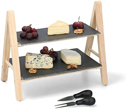 2 Tier Slate Cake Stand for Afternoon Tea Stands - Foldable Food Rack - Rustic Serving Platter for Desserts at Home - Antipasti & Tapas Tray