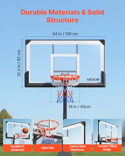 Image of VEVOR Basketball Hoop, Basketball Hoop 44 48 50 54 Inchs PC Backboard, 4.4-10FT Height Adjustable, Basketball Portable Hoop& Goal, Indoor /Outdoor Classic Basketball Court, Teen Adult School Park