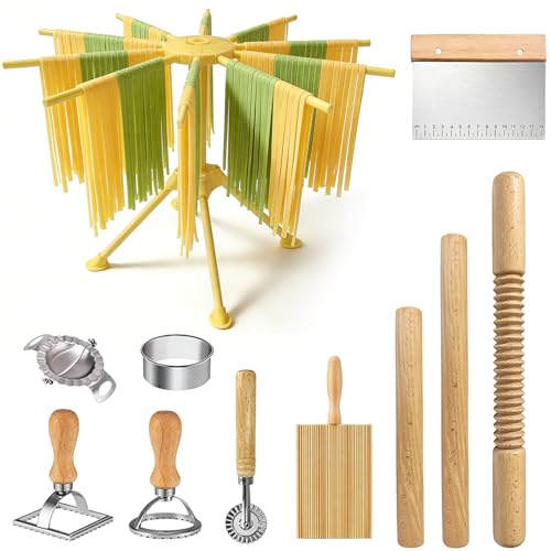 11 Pcs Pasta Making Tools-3 Size Rolling Pins,2 Dumpling Molds,Dumpling Marker,Square and Round Pasta Stamp,Dough Cutter,Pasta Drying Rack,Gnocchi Board,Pasta Making Kit Accessories for Home