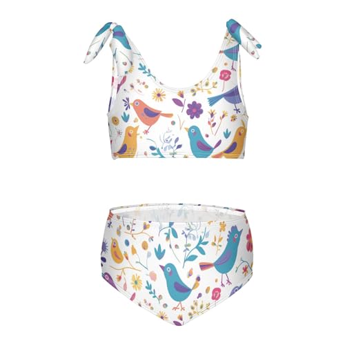 Birds Flower Girls 2 Piece Kids Bikini Set Scoop Neck Swimsuit Swimming Suits Adjustable Shoulder Strap
