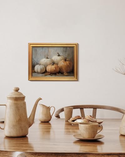 Image of VIYYIEA Vintage Gold Framed Wall Art for Living Room, Pumpkins Canvas Prints Home Decor, Oil Painting Picture, Bedroom Wall Decor Gifts for Friends or Family -【Five Pumpkins 】-(16L x 12W)