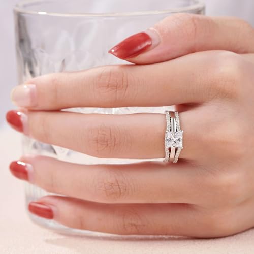 SHELOVES Solitaire Princess CZ Engagement Rings Set for Women Wedding Rings Enhancers band 925 Sterling Silver 4-134