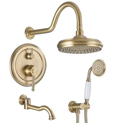 CHALIRS Rainfall Shower System with Handheld Sprayer,Brushed Gold Antique Shower Faucet Sets,Shower Fixture Combo with Brass Pressure Balance Valve,Complete Shower System Kit with Foldable Tub Spout