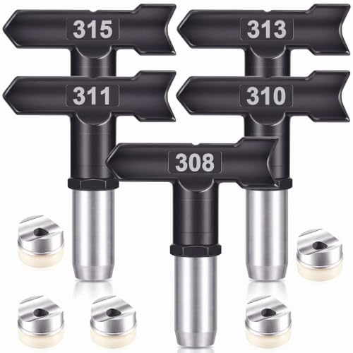 Moxweyeni 5 Pcs Reversible Airless Spray Tips Set (308 310 311 313 315), Tungsten Carbide Paint Sprayer Nozzles for Airless Sprayer, Spray Range 4"-14" for Wall Fence Deck Cabinet