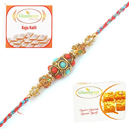 Ghasitaram Gifts Rakhi for Brother Rakhis Online – RM571 – Blue Ethnic Bracelet Rakhi with 200 gms of Besan Barfi and 200 gms of Kaju Katli Ghasitaram Gifts Rakhi for Brother Rakhis Online – RM571 – Blue Ethnic Bracelet Rakhi with 200 gms of Besan Barfi and 200 gms of Kaju Katli