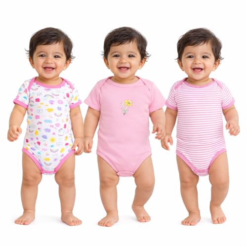 Image of VParents Rompers for New Born Baby Girl & Boy (Pack of 3), 100% Cotton Half Sleeve Romper /Bodysuit /Jumpsuit /Onesies /Sleepsuit For Infants & Toddlers, Comfortable Daily Wear Clothes For Babies