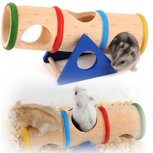 ハムスターおもちゃ 天然木製 シーソーおもちゃ 穴付き 木の棒 トンネル 隠れ家 チューブおもちゃ 面白い かわいい 運動不足解消 ハリネズミ チンチラ リス モルモット 小動物用 (2個入り)