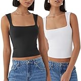 LANRUTU 2pzs Blusa Tirantes Mujer,Top Blanco Y Negro para Mujer,Blusas Básicas De Moda,Transpirable Y Cómodo,Tejido...