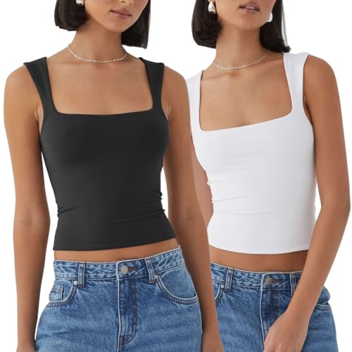 LANRUTU 2pzs Blusa Tirantes Mujer,Top Blanco Y Negro para Mujer,Blusas Básicas De Moda,Transpirable Y Cómodo,Tejido Suave,Sexy, Adecuado para Ocasiones Casuales, Deportes,Etc(Negro+Blanco)