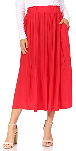 Red Womens Skirts with Pockets Midi Pleated, Winter Outfits for