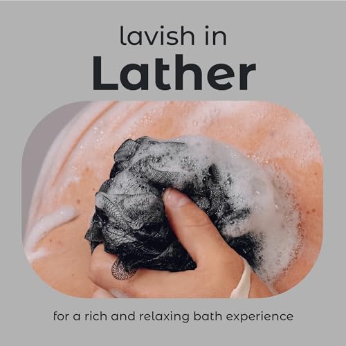 Image of MainBasics Shower Loofah Sponge Pouf, Set of 3, Triple Black | Soft Mesh Body Scrubber and Bath Sponge for Gentle Exfoliation, Rich Lather, and Everyday Shower Use
