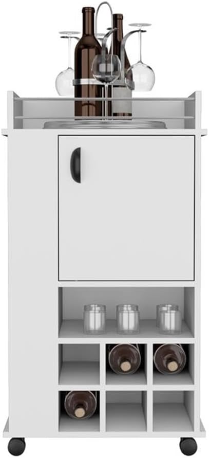 Pemberly Row Engineered Wood Bar Cart, 6-Bottle Wine Rack, Single-Door Cabinet, Open Shelves, White Finish, 38.77" H x 21.65" W x 16.33" D, Mobile Design for Home Bar Storage and Entertaining