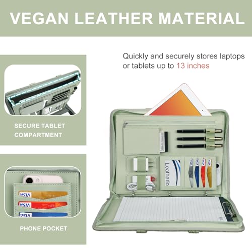 Image of Leathario Portfolio Binder, Includes 5 Folder Index Dividers, 13 Inch Tablets Organizer with Handle, Vegan Leather A4 Padfolio, Multi-Pocket Notepad Business Planner Professional Document
